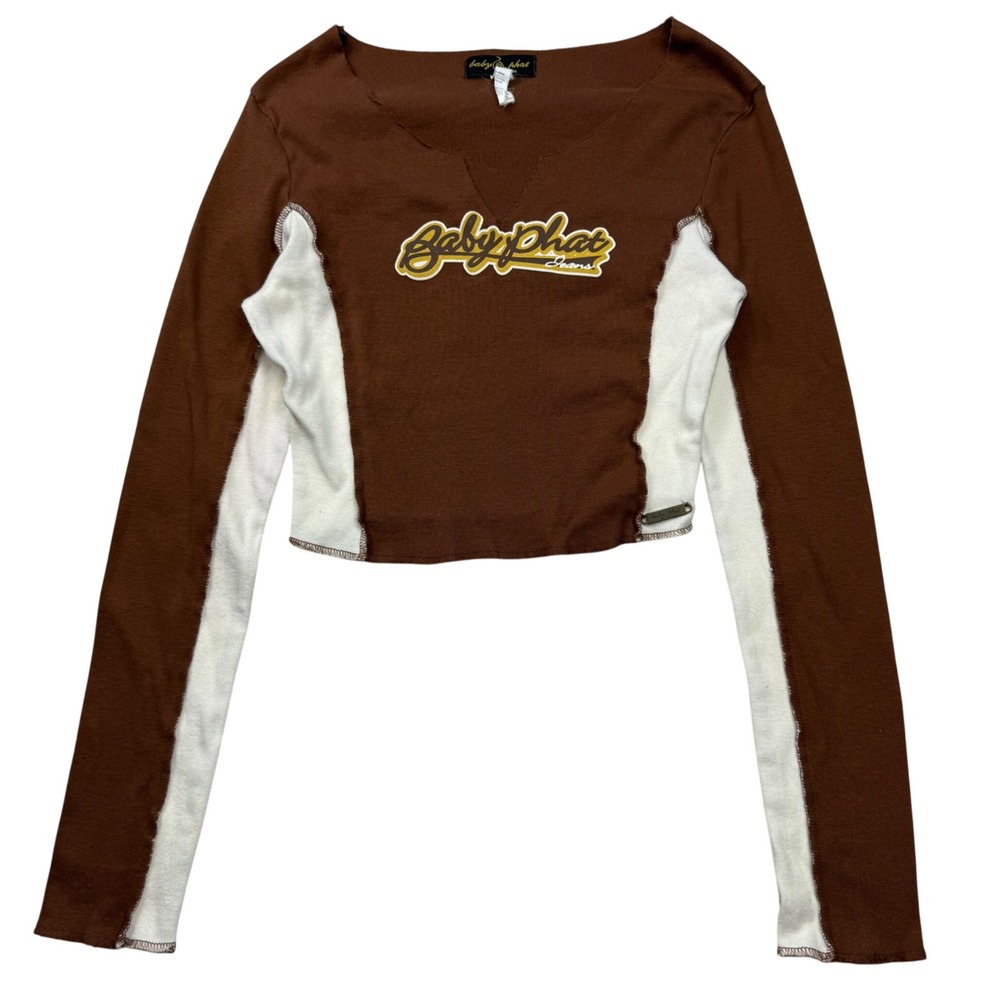 Vintage Baby Phat Brown Cream Colorblock Ribbed Crop Top Long Sleeve Y2K L